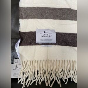 Woolrich Ivory and Dark Brown Fringe Throw